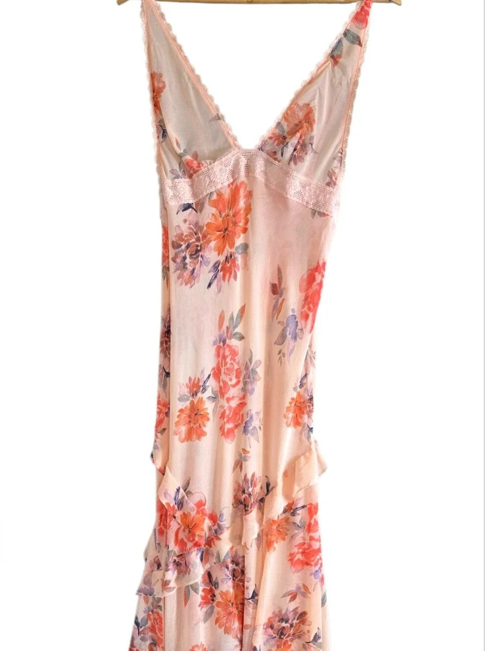 Free People Stay Awhile Sheer Maxi Dress Tiered Ruffle Peach Combo Size Large